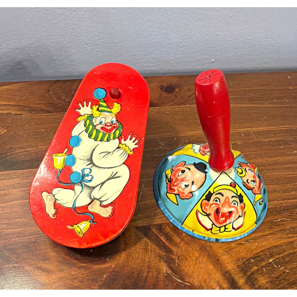 Vintage Tin Litho Clown Spinning Top w/ Handle, Tin Launcher & Noisemaker